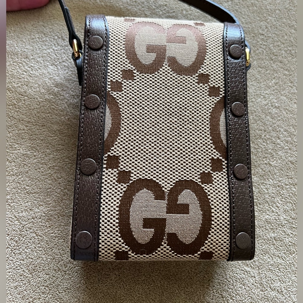 Gucci Jumbo GG Mini Messenger Phone Bag in Logo Canvas Camel Ebony - Picture 7 of 13